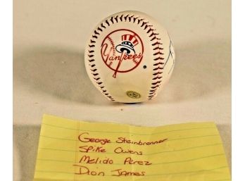 Autographed Yankees Baseball By George Steinbrenner, Spike Owens, Melido Perez & Dion James
