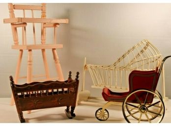 Collection Of Doll Accessories Including High Chair, Stroller, Cribs Etc. By Kingstate