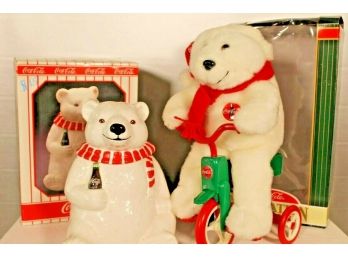 Coca-cola Polar Bear Plush Animation & 'always Cool' 10' Cookie Jar In Boxes