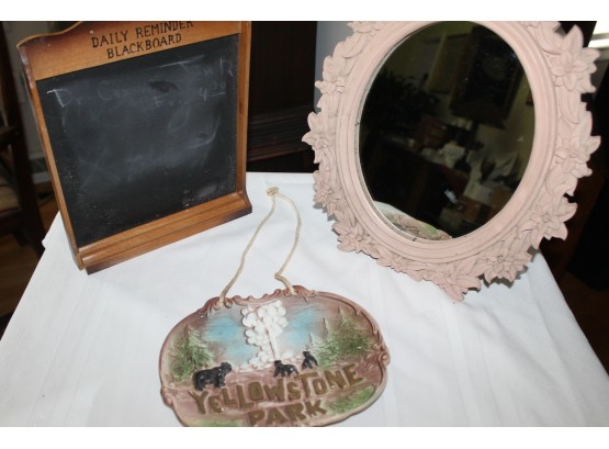 Mixed Lot Inclding Syroco Wood Carved Mirror, Yellowstone Park Wall Plaque & Vintage Daily Reminder Blackboard