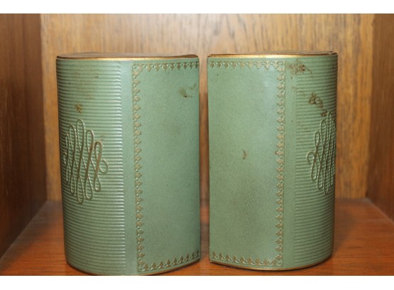 Pair Of Vintage Book Ends - Green Leather With Gold Trim 4' X 6'