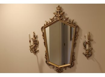 Ornate Hallway Mirror With Left And Right Sconces By Syroco Wood