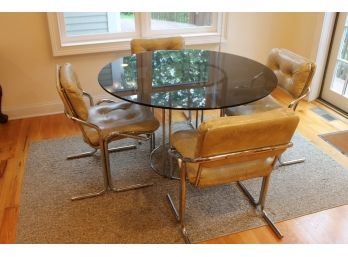Mid Century Modern Black Smoked Glass Top Table With Chrome Legs And 4 Chrome And Leather Chairs
