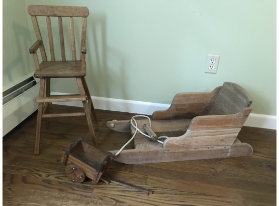 Doll Chair, Child's Wooden Pull Sled And Doll Sized Wagon
