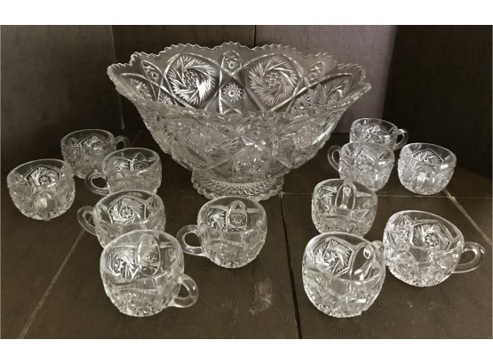 Beautiful Pressed Glass Punch Bowl, Cups And Ladle