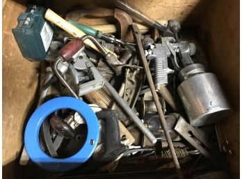 Drawer Lot Including Pipe Cutter, Hand Held Drill Press, Paint Sprayer And More