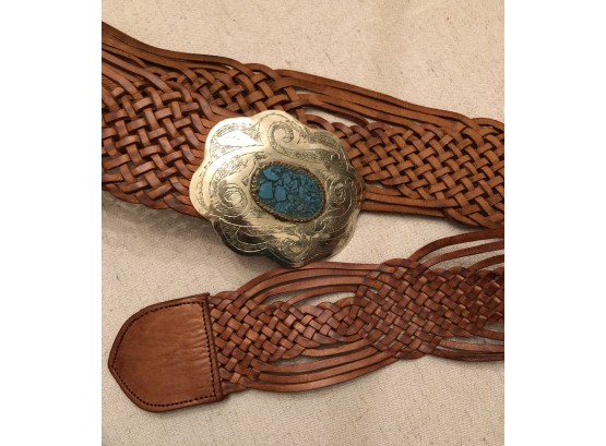 Vintage Southwest Style Brown Weaved Leather Concho  Belt With Silver Tone & Faux Turquoise Buckle
