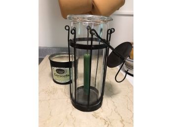 Vintage Unusual Wrought Iron & Glass Handheld Hurricane Lantern For Taper Candles.