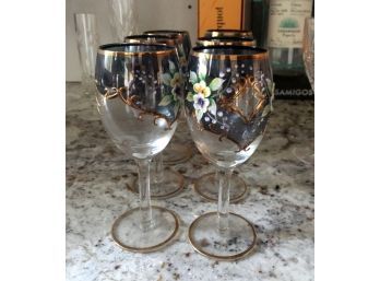Set Of 6 Bohemian Gilded And Tole Painted Wine Glasses