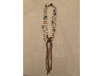 Vintage Suede Cord With Genuine Cultured Baroque Pearls & Turquoise Nuggets Lariat Or Sautoir Necklace