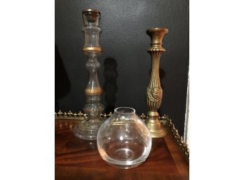 Classic Home Decor Assortment Including Tall Candlesticks & Crystal Bud Vase