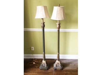 Pair Of Empire Style Brass & Leather Floor Lamps