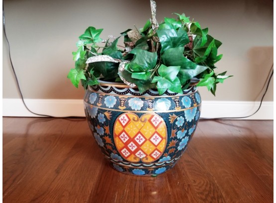 Vintage Oriental Style Porcelain Jardiniere With Faux Ivy