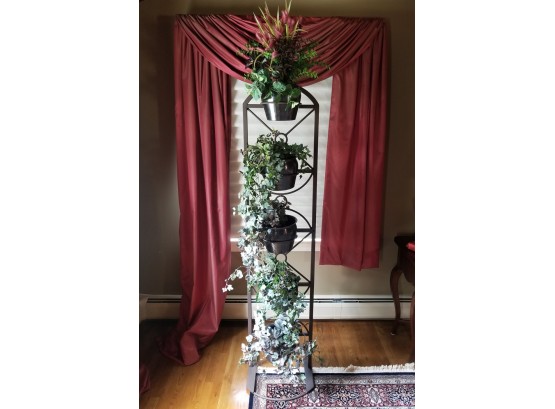 Vintage Free Standing Wrought Iron Plant Holders With Faux Arrangements