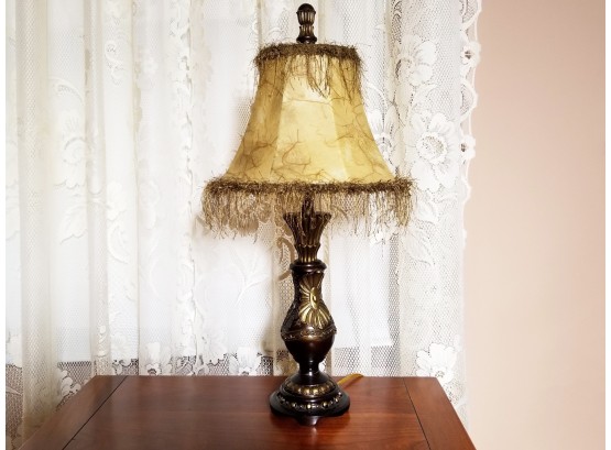 Pair Of Vintage French Boudoir Bronze Table Lamp With Fringed Shade