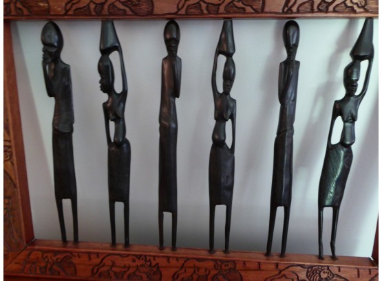 Vintage Carved Ebony Wood Six African Tribal Figures In Carved Wooden Frame
