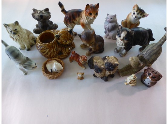 Lot Of 16 Vintage Cat Figurines - Varied Species And Medium