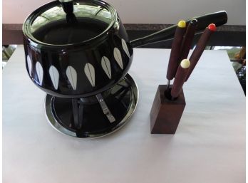 Danish Modern Cathrineholm Black Lotus Fondue Set And Forks In Wood Stand