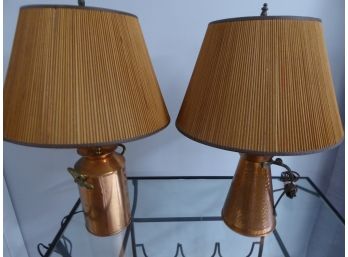 Pair Of Vintage Hammered Copper Lamps With Original Shades - Arrow Metal, NY