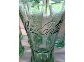 Vintge Heavy Green Glass Flared Top Coca Cola Glasses - Libbey (6)