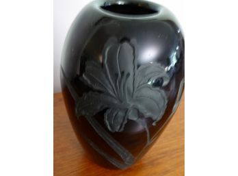 Vintage Black On Black Hand Blown Glass Vase  - Artist Signed And Dated