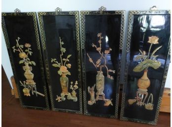 MCM Hollywood Regency 4 Black Lacquer Asian Wall Panels