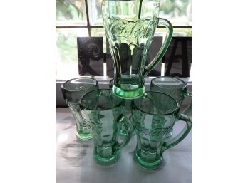 Vintage Heavy Green Glass Handled Coca Cola Glasses - Libbey (6)