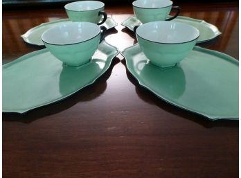 Vintage Lusterware Snack Set Of 4 Green And Black Snack Plate And Cups -Czechoslovakia