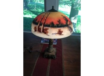 1920s 21 Inch Reverse Painted Country Scene Table Lamp