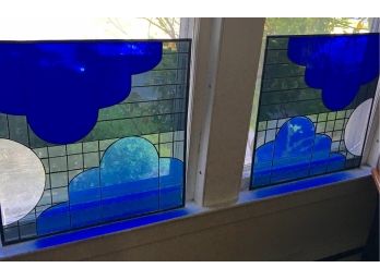 Pair Of Modern Blue Cloud Stain Glass Pieces