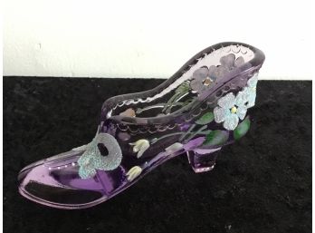 Beautiful Hand Painted,signed FENTON Purple Glass Shoe