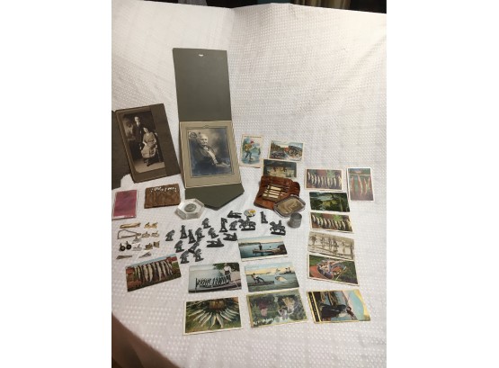 Lot Of Antiques, Lead Soldiers, Fishing Postcards, Photos, Ect