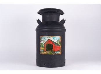 Antique Milk Can Painted With Scene Of Covered Bridge