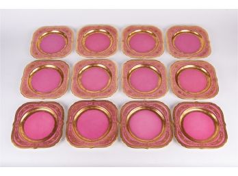 Set Of 12 Pink Royal Worcester Gilded Plates