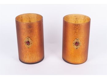 Pair Of Glass Jewel Decorated Votives