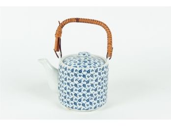 Asahi Ware Blue & White Bamboo Handle Tea Pot