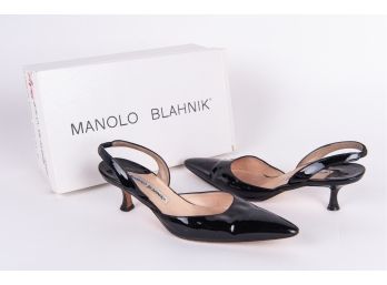 Monolo Blahnik 'Carolyne' Low Black Patent Leather Heels
