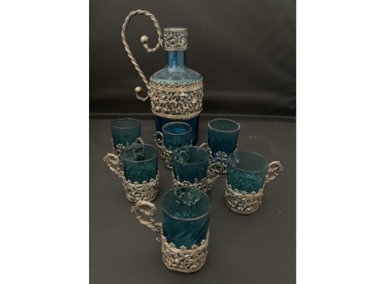 Liquor Set With Blue Glass And Silver Plate Decor
