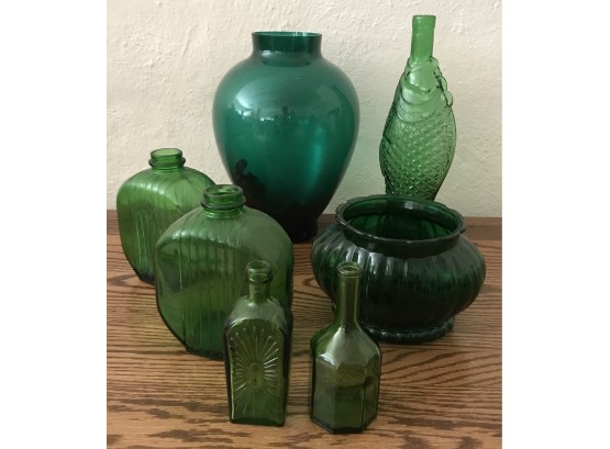 Green Glass Bottles And Teal Vase