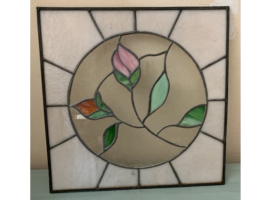 Beautifully Done Stained Glass Panel With Pink Rose