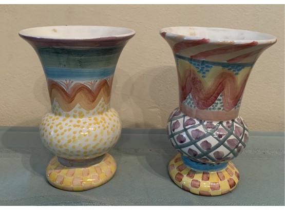 Two Makenzie Child's Pottery Vases In Keukenhat & Brittany Pattern