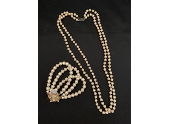 Faux Pearl Double Strand Necklace & Bracelet