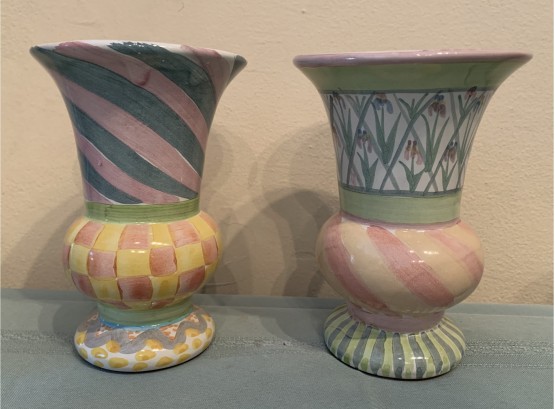 Two Makenzie Child's Pottery -  7' Vases- Bearded Iris & Cayuga Patterns