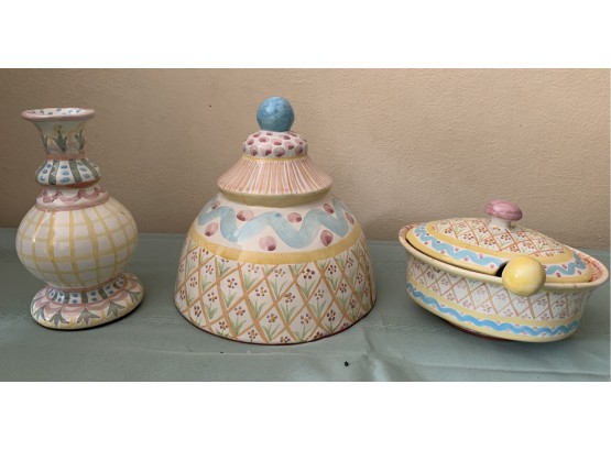 Three Makenzie Child's P{pottery Pieces In Different Patterns