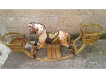 Antique Hand Carved And Painted Heavy 2 Seated Child Horse Rocker