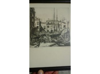 Antique Lionel Barrymore Etching Print Of A Boatyard In Italy