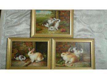 Set Of 3 Victorian Rabbit Oil On Board Folk Art Paintings