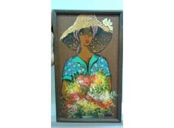 Vintage Lobo Black Americana Women Floral Portrait Oil On Wood