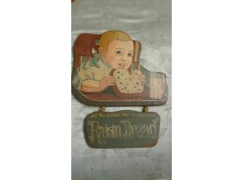 1988 Signed  Folk Art Advertisement Baby Eating Rasin  Bread Hand Carved And Painted