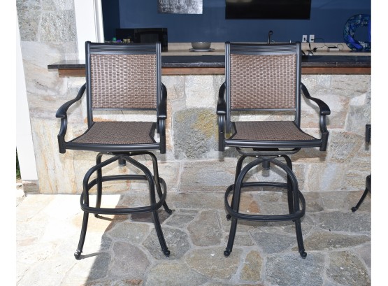 Two Outdoor Patio Bar Height Swivel Chairs, Basketweave Seat And Back #2